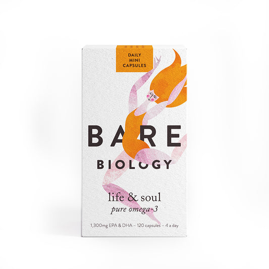A white box with a drawing of a dancing lady with pink skin, orange hair and an orange leotard. Text reads Bare Biology Life & Soul Pure Omega 3 Daily Mini capsules. 1,300mg EPA & DHA - 120 capsules - 4 a day