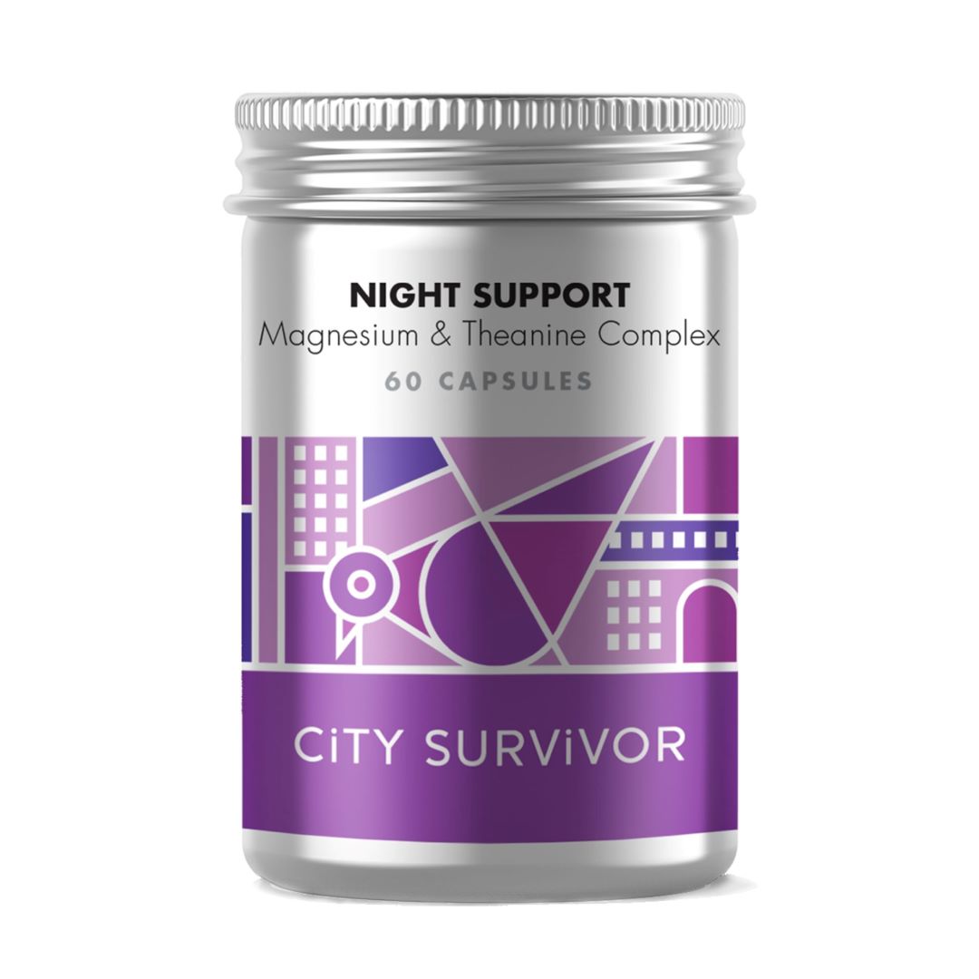 A metal screw top pot with purple abstract cityscape design featuring a pigeon logo. Label text reads City Survivor Night Support Magnesium & Theanine Complex - 60 capsules