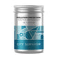 A metal screw top pot with teal abstract cityscape design featuring a pigeon logo. Label text reads City Survivor Pollution Protection Daily Multi with Antioxidants - 60 capsules