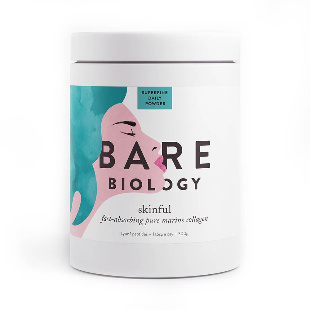 A white tub with text reading Bare Biology Skinful fast-absorbing pure Marine Collagen - superfine daily powder. Type 1 peptides - 1 tbsp a day - 300g