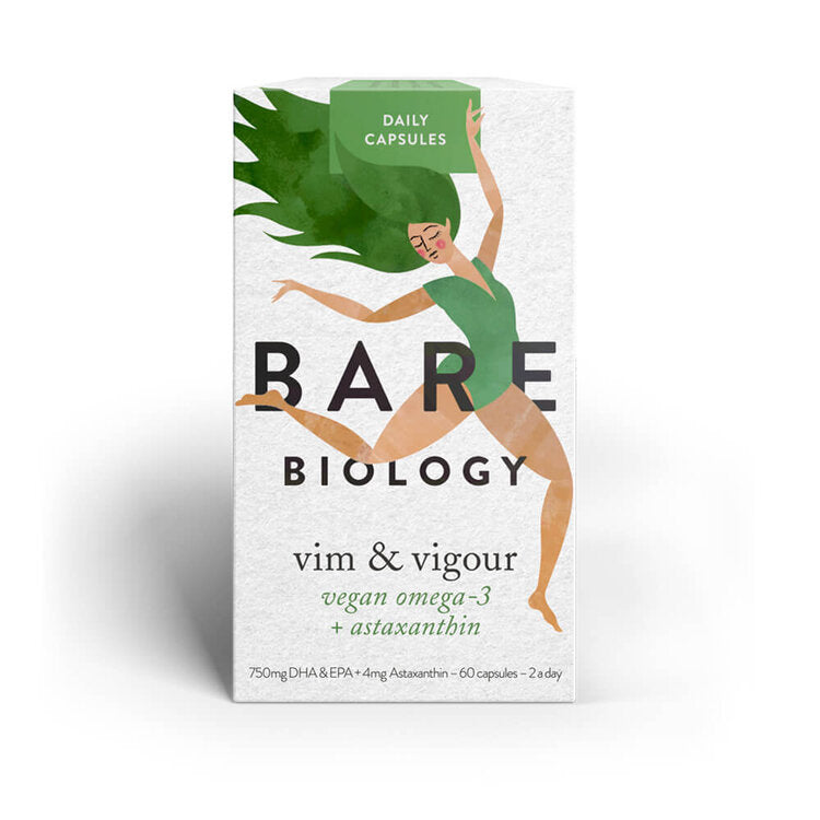 A white box with a drawing of a dancing lady with tan skin, green hair and a green leotard. Text reads Bare Biology Vim & Vigour Vegan Omega 3 + Astaxanthin Daily capsules. 750mg DHA & EPA + 4mg Astaxanthin - 60 capsules - 2 a day