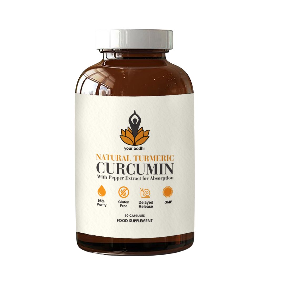 A brown supplement bottle with a white lid and cream label. The text reads Your Bodhi Natural Turmeric Curcumin with Pepper Extract for Absorption - 60 capsules - food supplement. The logo is a graphic design of an orange lotus flower with a black figure emerging from it, their hands above the head together in a prayer gesture